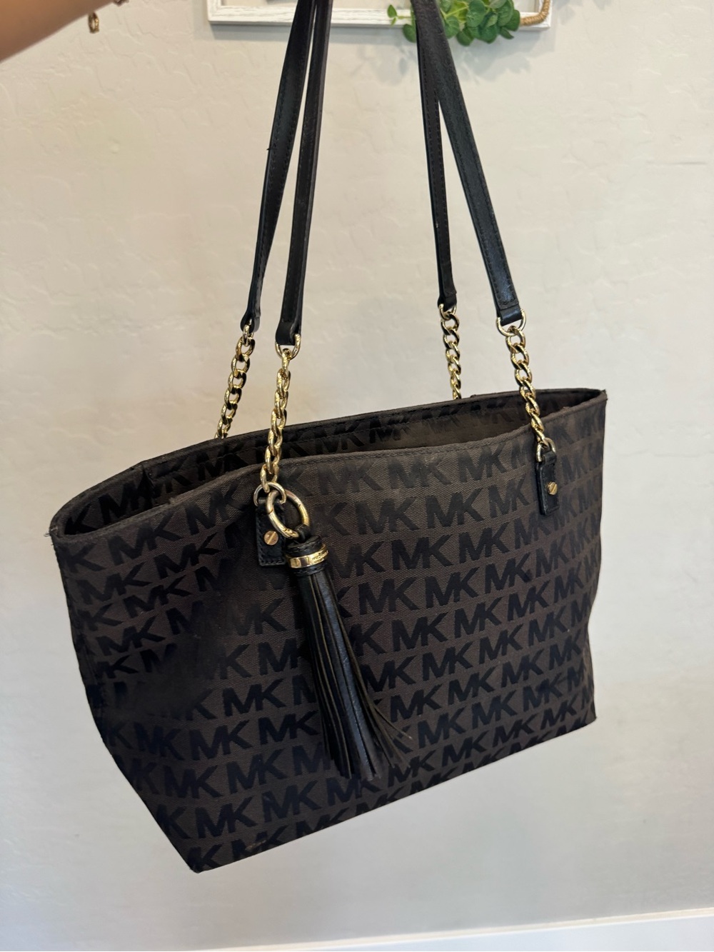 Michael Kors Brown Black MK Logo Tote with Tassel